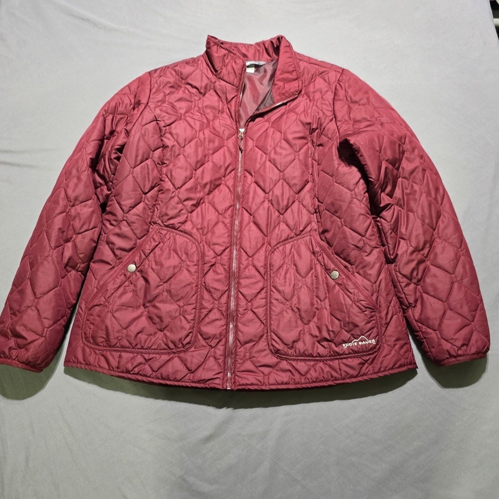 Eddie Bauer Quilted Jacket Womens XL Burgundy Diamond Padded Zip Up Coat